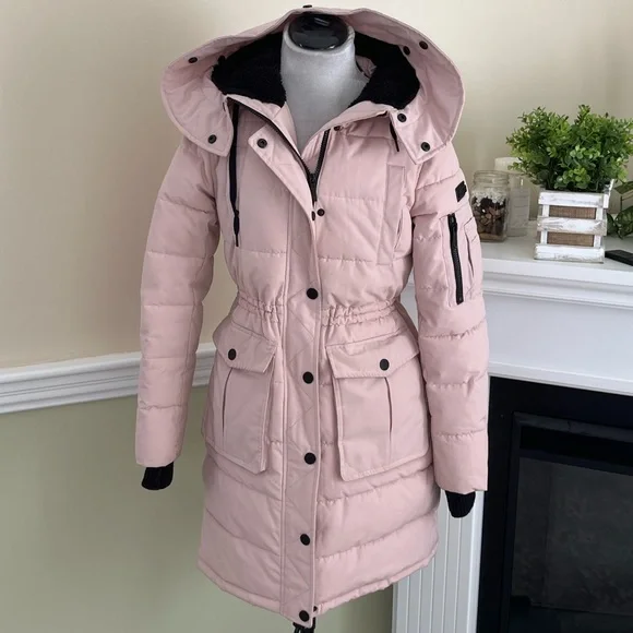 BCBGMaxAzria Pink Hooded Puffer Black Details Winter Coat Jacket XS - Picture 2 of 16